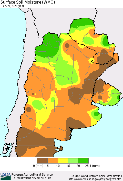 Southern South America Surface Soil Moisture (WMO) Thematic Map For 2/15/2021 - 2/21/2021