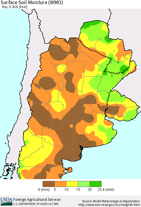 Southern South America Surface Soil Moisture (WMO) Thematic Map For 5/3/2021 - 5/9/2021