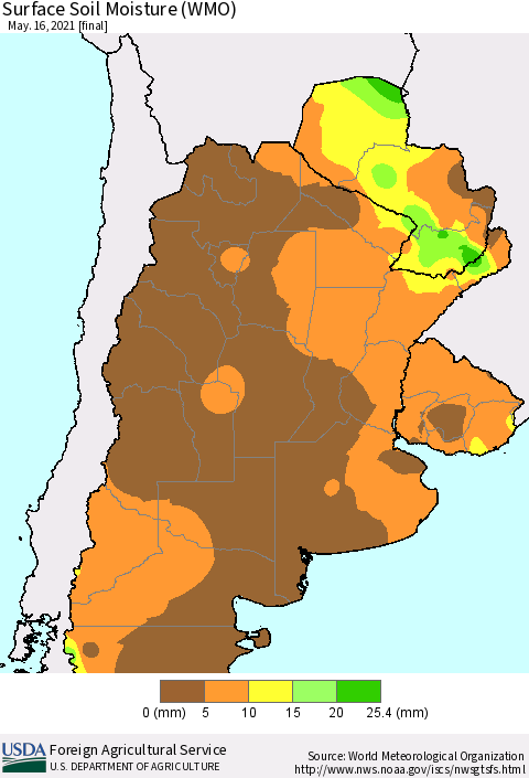 Southern South America Surface Soil Moisture (WMO) Thematic Map For 5/10/2021 - 5/16/2021