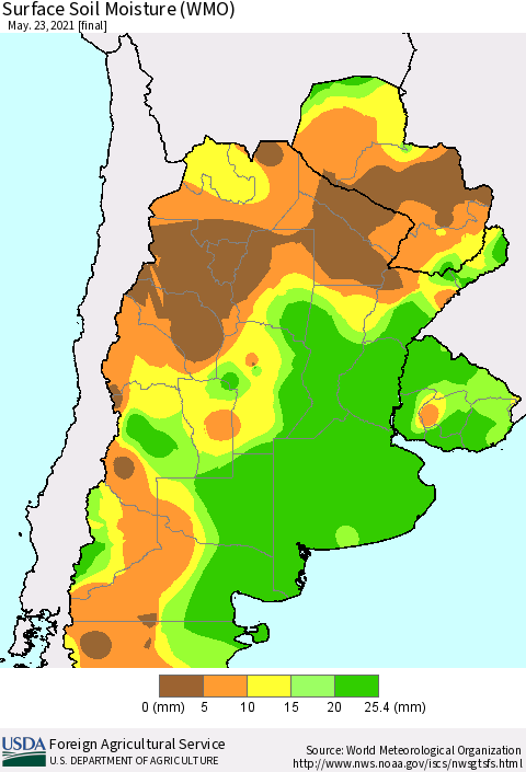 Southern South America Surface Soil Moisture (WMO) Thematic Map For 5/17/2021 - 5/23/2021