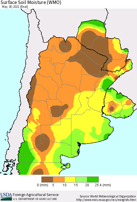 Southern South America Surface Soil Moisture (WMO) Thematic Map For 5/24/2021 - 5/30/2021