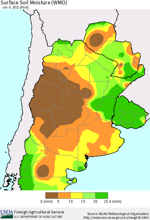 Southern South America Surface Soil Moisture (WMO) Thematic Map For 5/31/2021 - 6/6/2021