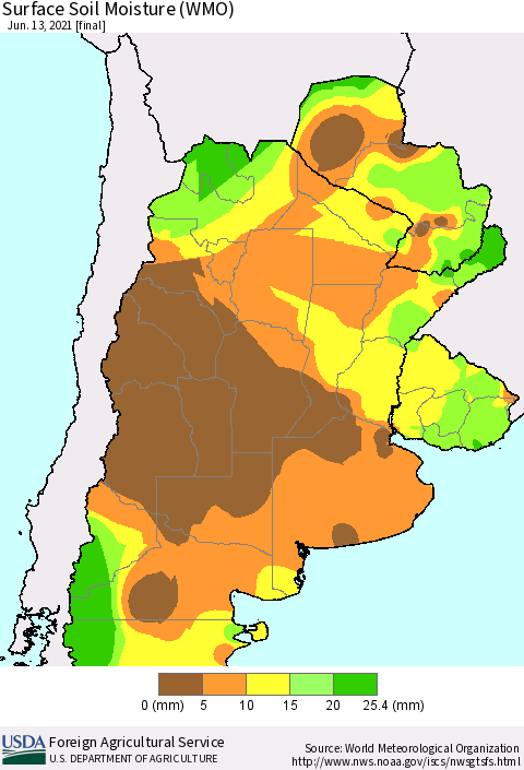 Southern South America Surface Soil Moisture (WMO) Thematic Map For 6/7/2021 - 6/13/2021