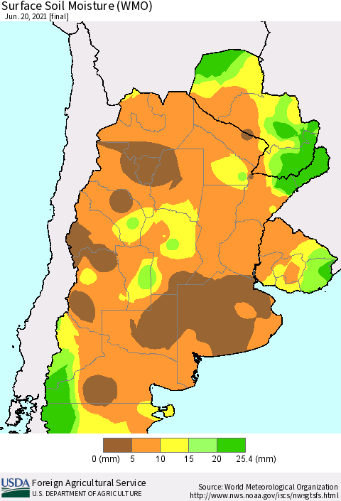 Southern South America Surface Soil Moisture (WMO) Thematic Map For 6/14/2021 - 6/20/2021