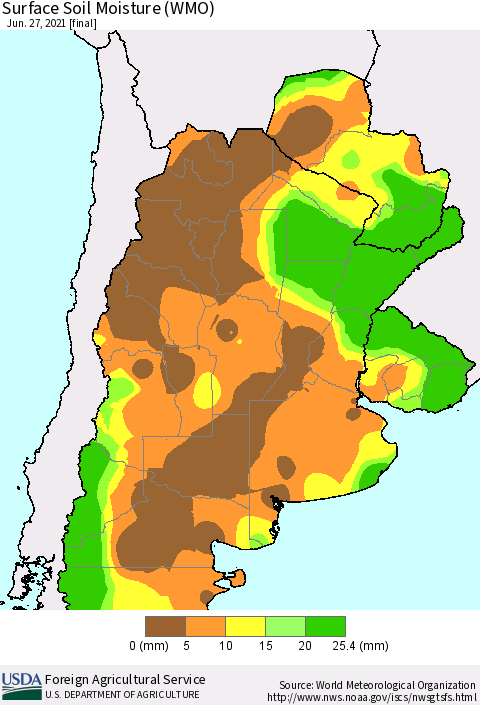 Southern South America Surface Soil Moisture (WMO) Thematic Map For 6/21/2021 - 6/27/2021