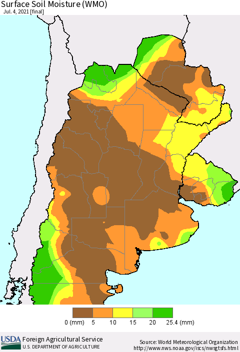Southern South America Surface Soil Moisture (WMO) Thematic Map For 6/28/2021 - 7/4/2021