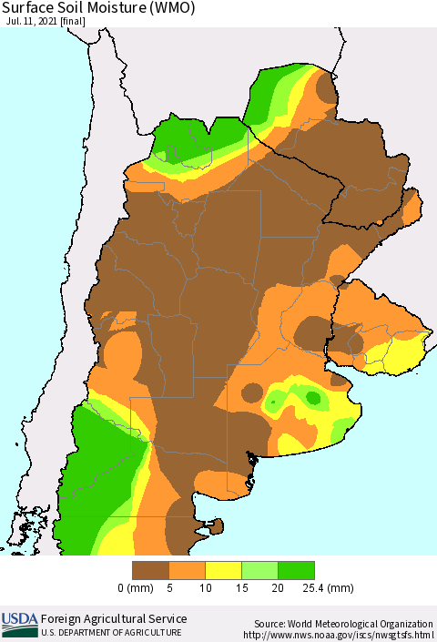 Southern South America Surface Soil Moisture (WMO) Thematic Map For 7/5/2021 - 7/11/2021
