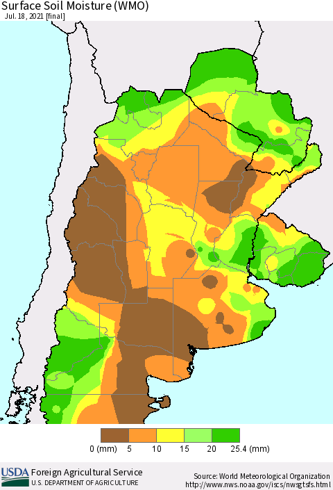 Southern South America Surface Soil Moisture (WMO) Thematic Map For 7/12/2021 - 7/18/2021