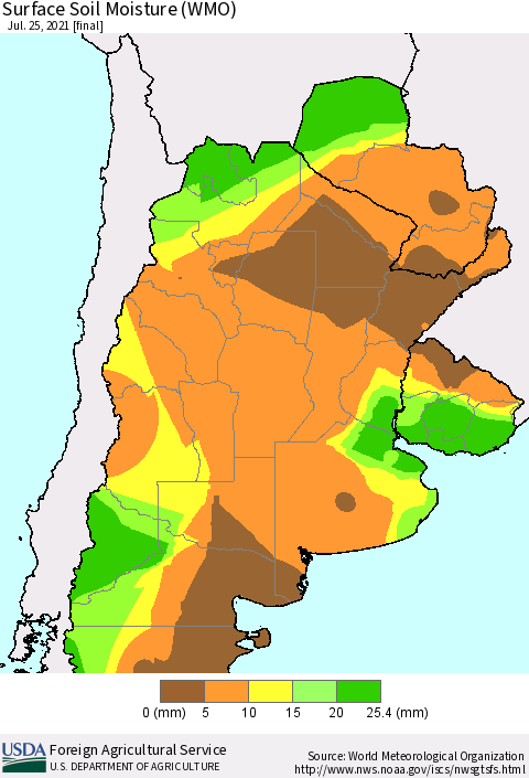 Southern South America Surface Soil Moisture (WMO) Thematic Map For 7/19/2021 - 7/25/2021
