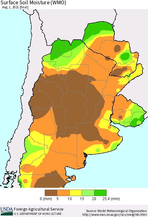 Southern South America Surface Soil Moisture (WMO) Thematic Map For 7/26/2021 - 8/1/2021