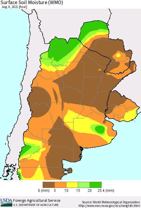 Southern South America Surface Soil Moisture (WMO) Thematic Map For 8/2/2021 - 8/8/2021