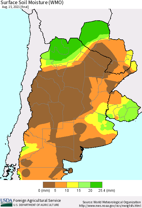 Southern South America Surface Soil Moisture (WMO) Thematic Map For 8/9/2021 - 8/15/2021