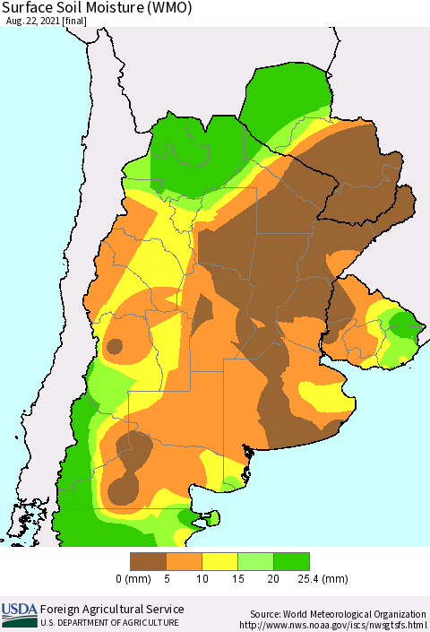 Southern South America Surface Soil Moisture (WMO) Thematic Map For 8/16/2021 - 8/22/2021