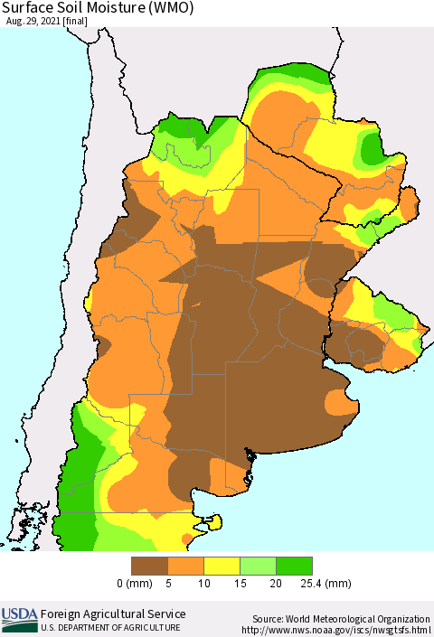 Southern South America Surface Soil Moisture (WMO) Thematic Map For 8/23/2021 - 8/29/2021