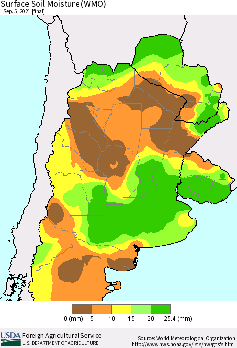Southern South America Surface Soil Moisture (WMO) Thematic Map For 8/30/2021 - 9/5/2021