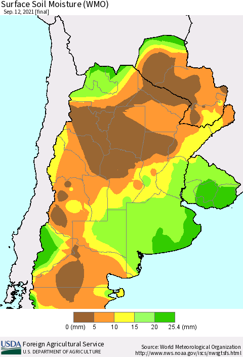 Southern South America Surface Soil Moisture (WMO) Thematic Map For 9/6/2021 - 9/12/2021