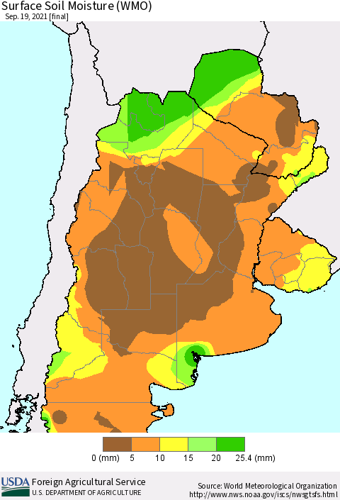 Southern South America Surface Soil Moisture (WMO) Thematic Map For 9/13/2021 - 9/19/2021