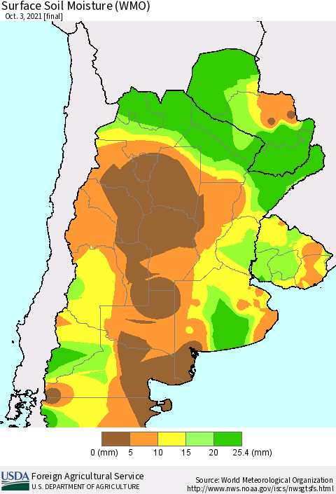 Southern South America Surface Soil Moisture (WMO) Thematic Map For 9/27/2021 - 10/3/2021