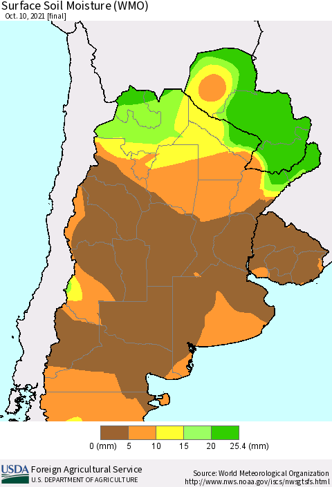 Southern South America Surface Soil Moisture (WMO) Thematic Map For 10/4/2021 - 10/10/2021