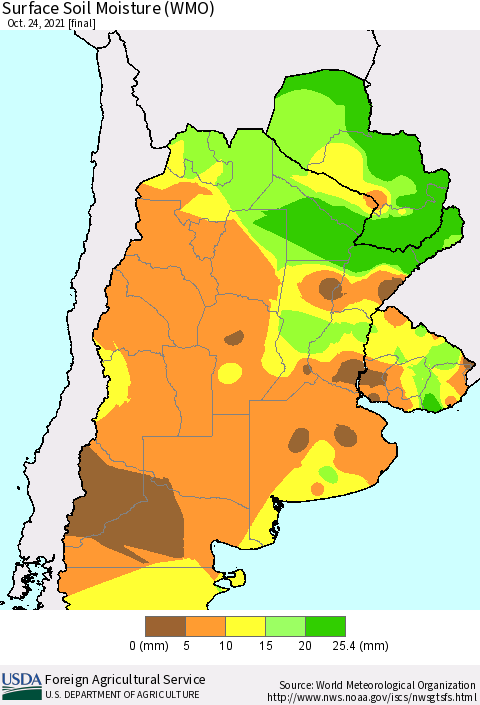Southern South America Surface Soil Moisture (WMO) Thematic Map For 10/18/2021 - 10/24/2021