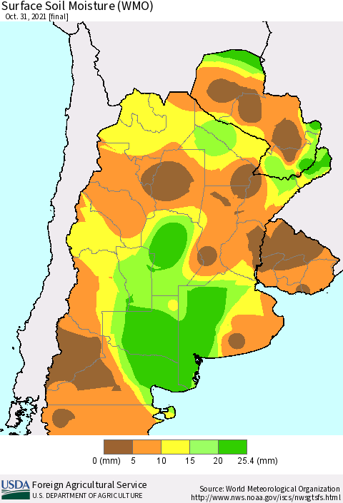 Southern South America Surface Soil Moisture (WMO) Thematic Map For 10/25/2021 - 10/31/2021