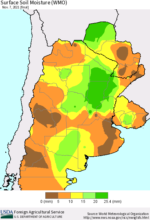 Southern South America Surface Soil Moisture (WMO) Thematic Map For 11/1/2021 - 11/7/2021