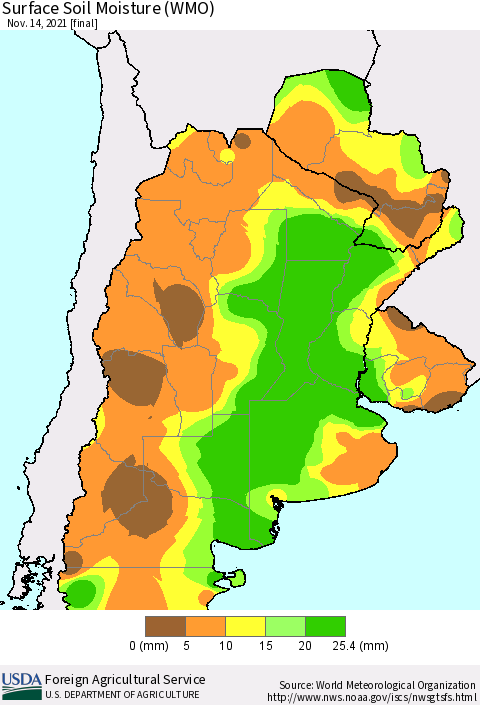 Southern South America Surface Soil Moisture (WMO) Thematic Map For 11/8/2021 - 11/14/2021