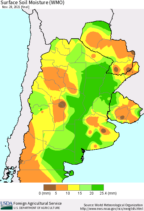 Southern South America Surface Soil Moisture (WMO) Thematic Map For 11/22/2021 - 11/28/2021