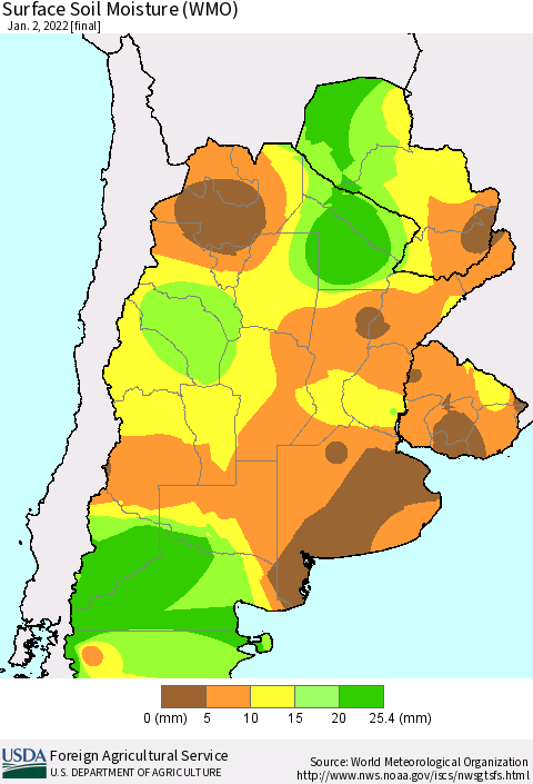 Southern South America Surface Soil Moisture (WMO) Thematic Map For 12/27/2021 - 1/2/2022