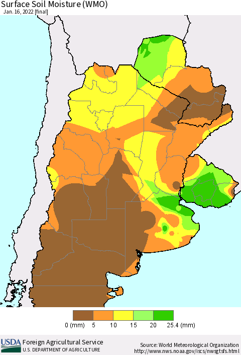 Southern South America Surface Soil Moisture (WMO) Thematic Map For 1/10/2022 - 1/16/2022
