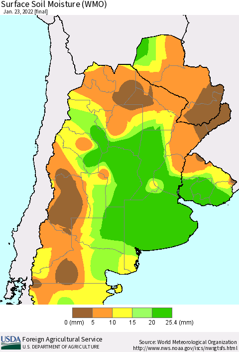 Southern South America Surface Soil Moisture (WMO) Thematic Map For 1/17/2022 - 1/23/2022