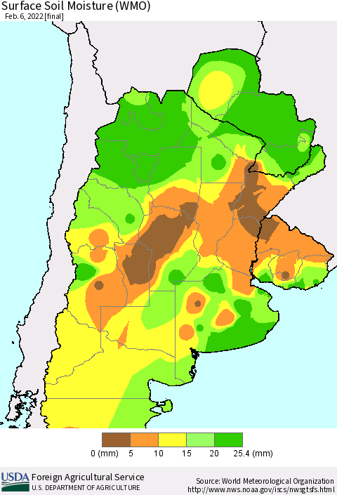 Southern South America Surface Soil Moisture (WMO) Thematic Map For 1/31/2022 - 2/6/2022