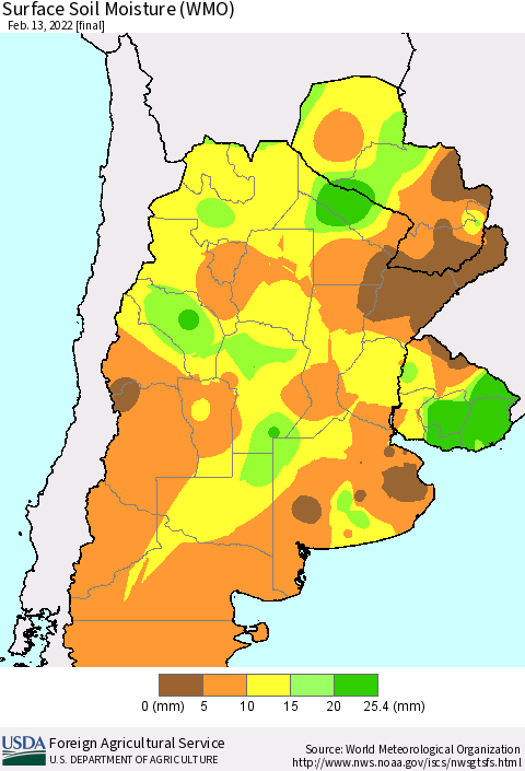 Southern South America Surface Soil Moisture (WMO) Thematic Map For 2/7/2022 - 2/13/2022