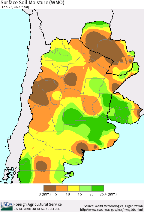 Southern South America Surface Soil Moisture (WMO) Thematic Map For 2/21/2022 - 2/27/2022