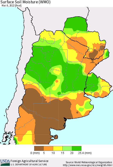 Southern South America Surface Soil Moisture (WMO) Thematic Map For 2/28/2022 - 3/6/2022