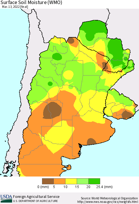 Southern South America Surface Soil Moisture (WMO) Thematic Map For 3/7/2022 - 3/13/2022