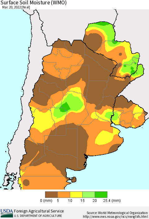 Southern South America Surface Soil Moisture (WMO) Thematic Map For 3/14/2022 - 3/20/2022