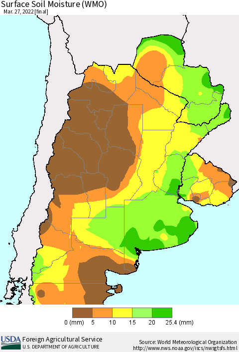 Southern South America Surface Soil Moisture (WMO) Thematic Map For 3/21/2022 - 3/27/2022