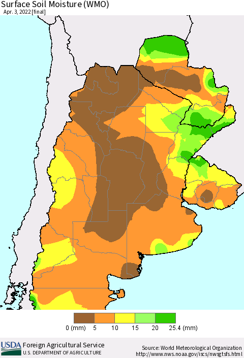 Southern South America Surface Soil Moisture (WMO) Thematic Map For 3/28/2022 - 4/3/2022
