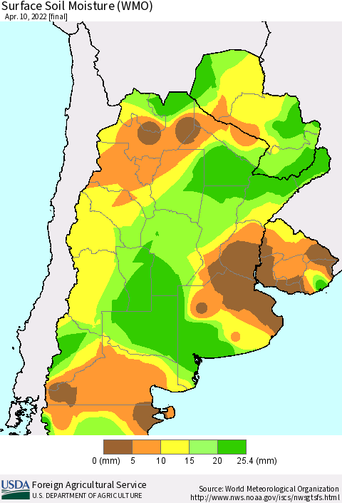 Southern South America Surface Soil Moisture (WMO) Thematic Map For 4/4/2022 - 4/10/2022