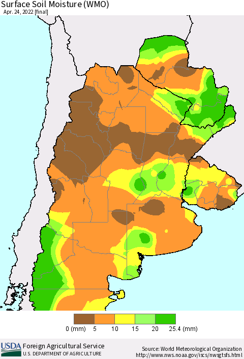 Southern South America Surface Soil Moisture (WMO) Thematic Map For 4/18/2022 - 4/24/2022