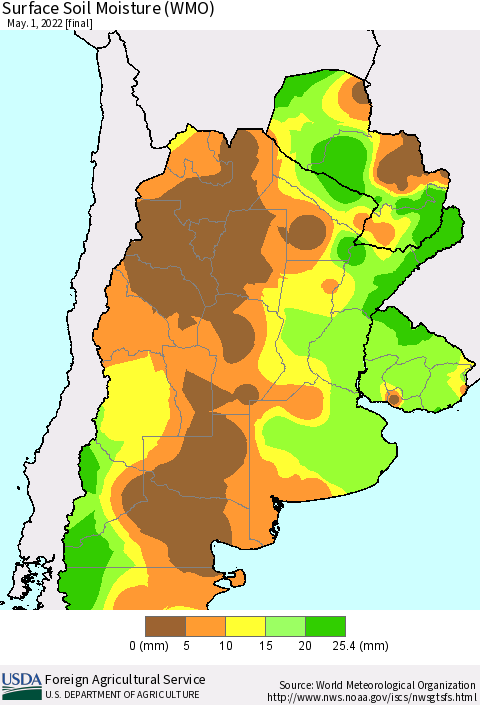 Southern South America Surface Soil Moisture (WMO) Thematic Map For 4/25/2022 - 5/1/2022