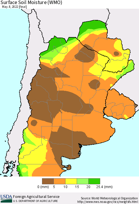 Southern South America Surface Soil Moisture (WMO) Thematic Map For 5/2/2022 - 5/8/2022
