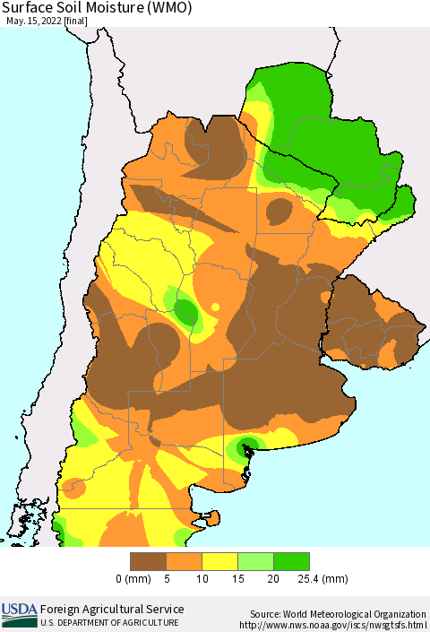Southern South America Surface Soil Moisture (WMO) Thematic Map For 5/9/2022 - 5/15/2022