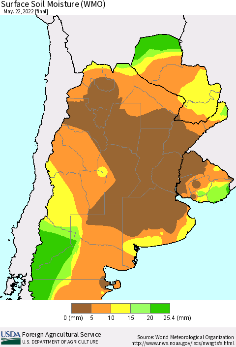 Southern South America Surface Soil Moisture (WMO) Thematic Map For 5/16/2022 - 5/22/2022