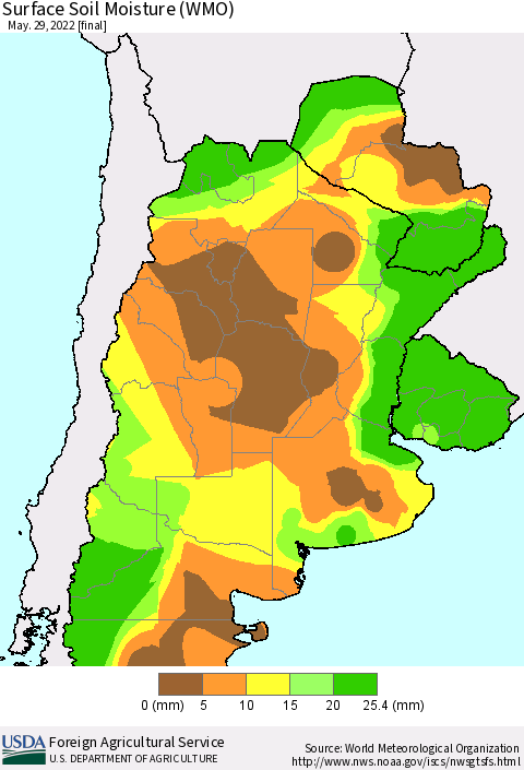 Southern South America Surface Soil Moisture (WMO) Thematic Map For 5/23/2022 - 5/29/2022