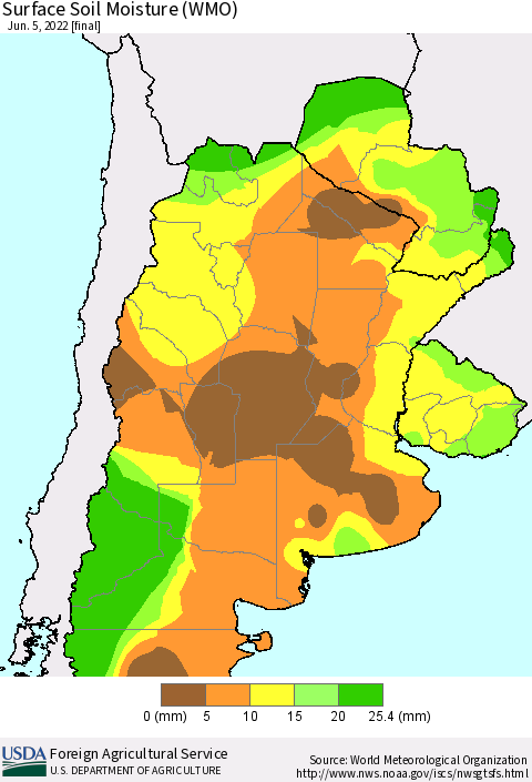 Southern South America Surface Soil Moisture (WMO) Thematic Map For 5/30/2022 - 6/5/2022
