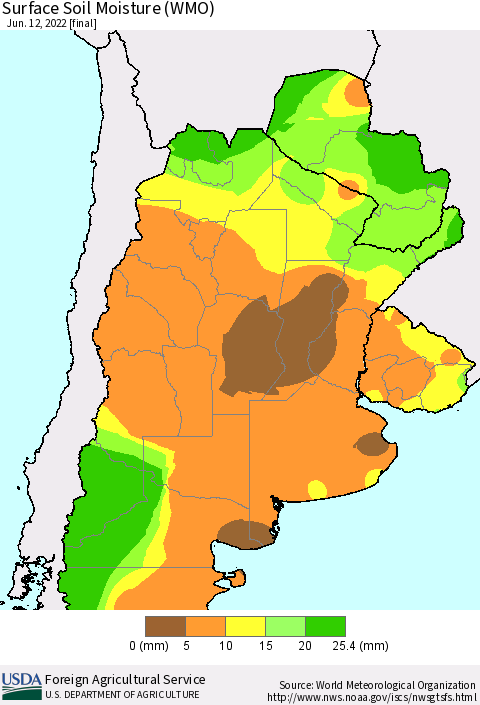 Southern South America Surface Soil Moisture (WMO) Thematic Map For 6/6/2022 - 6/12/2022