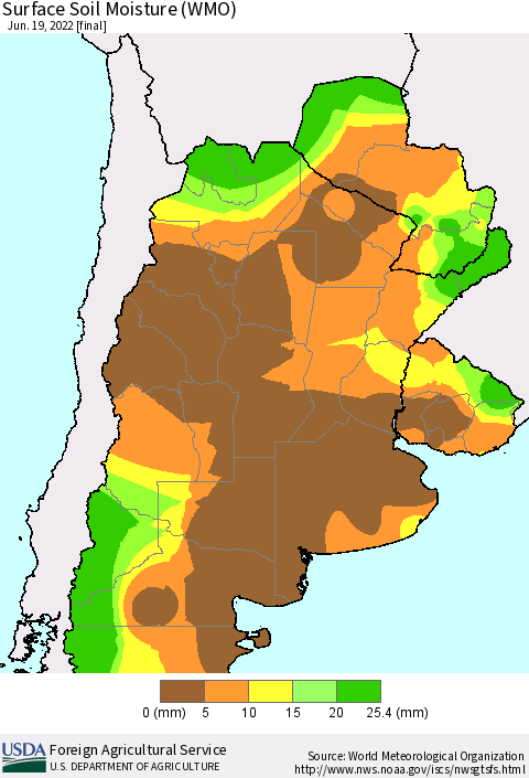 Southern South America Surface Soil Moisture (WMO) Thematic Map For 6/13/2022 - 6/19/2022