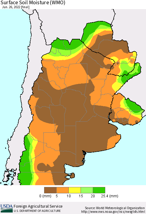 Southern South America Surface Soil Moisture (WMO) Thematic Map For 6/20/2022 - 6/26/2022